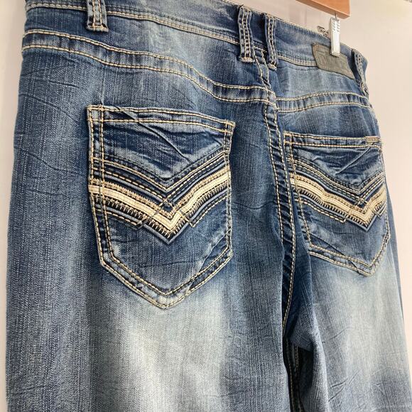 Buckle Black Jeans Fit No 11 Straight Leg Whiskered Thick Stitch Dark Wash 38R - Picture 8 of 12